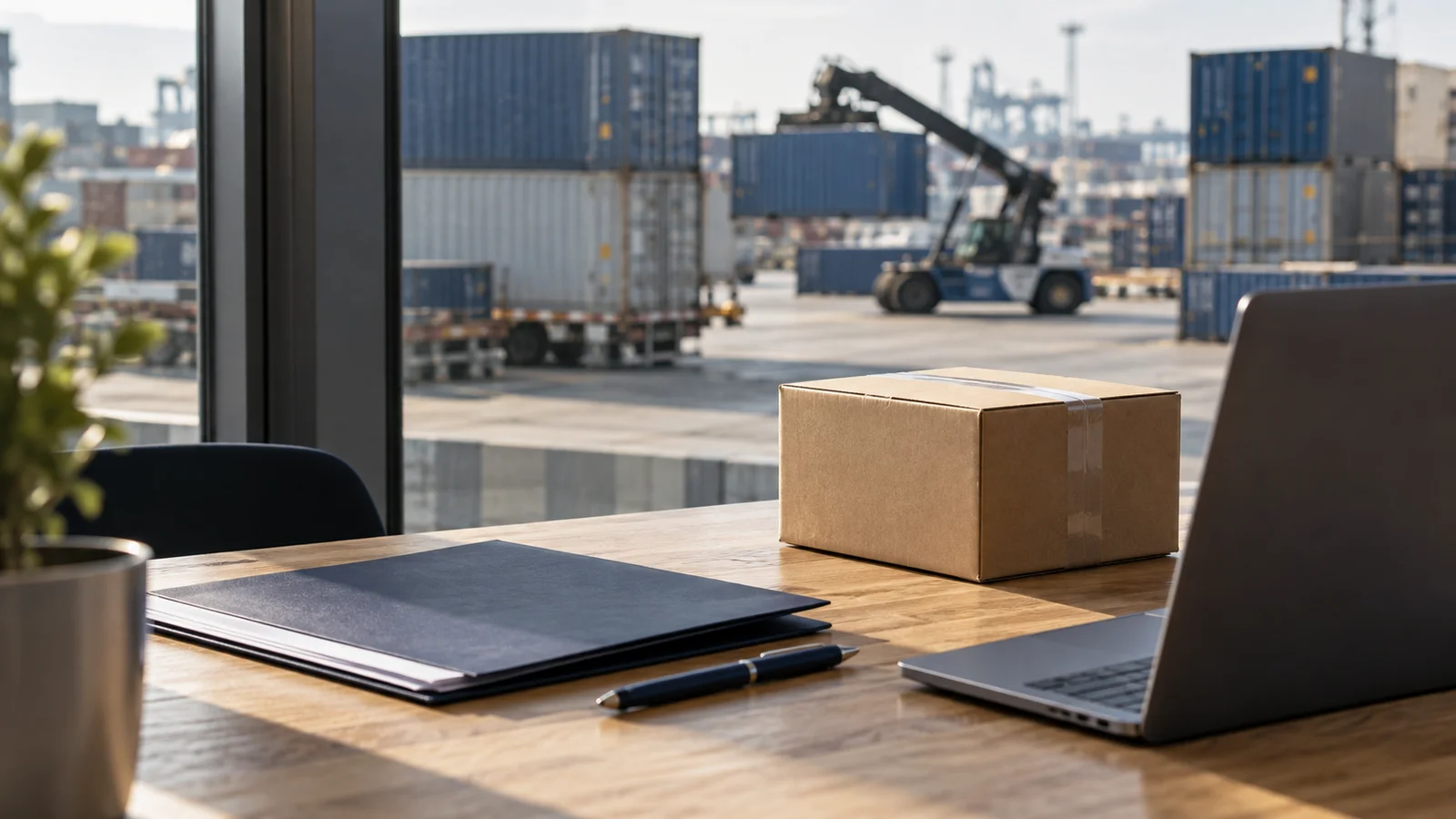 Documents, a laptop and a box on a desk, with containers in the background, illustrating international trade coordination.